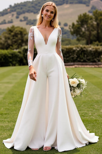Ivory Satin Sweep Train V Neck Wedding Jumpsuits with Lace